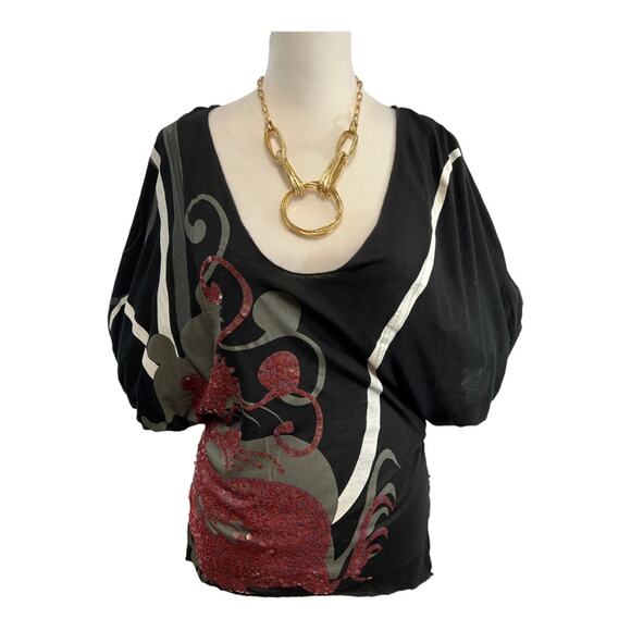 Burgundy Sequined Dragon Scoop Neck Puff Short Sleeve Top SZ S - Picture 9 of 12